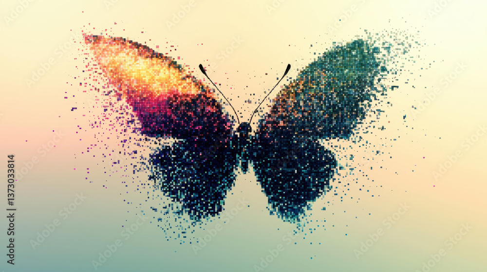 Poster pixelated butterfly transforms into digital squares against a soft pastel background
