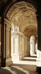 Ornate arched corridor with columns and detailed ceiling bathed in