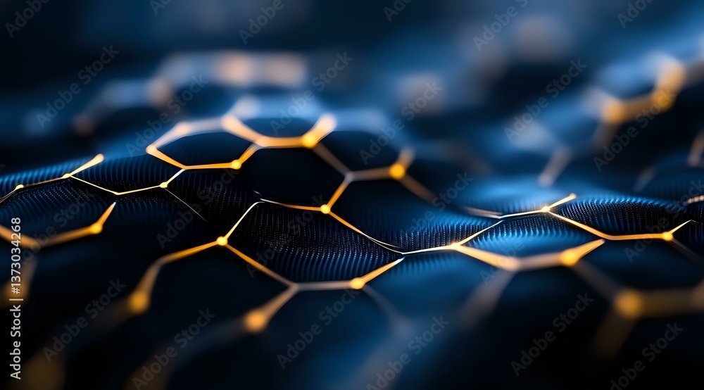 Poster abstract technological hexagonal pattern with glowing golden edges on dark blue background, futurist