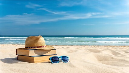 Beach vacation books, hat and sunglasses on sand