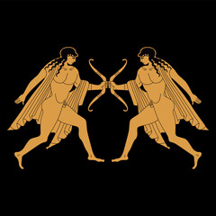 Symmetrical ethnic design with two antique men holding bows. Ancient Greek god Apollo. Vase painting style.