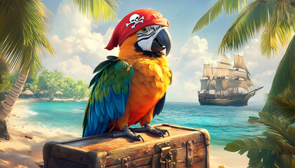 Vibrant pirate parrot on treasure chest by ocean. concept of adventure, tropical wildlife, nautical exploration, caribbean fantasy, Funny animal, humor