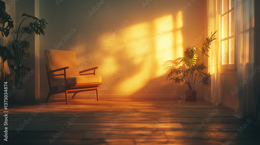 Poster warmly lit empty room with natural textures and inviting atmosphere in soft evening light