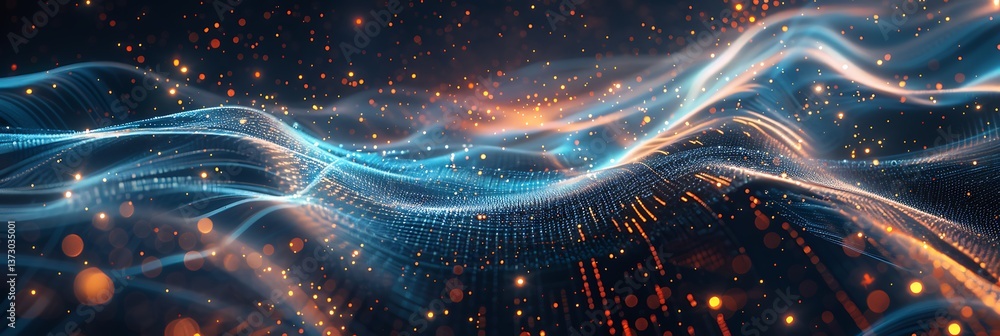 Aufkleber abstract futuristic background with flowing waves of blue and orange light and glowing particles. re