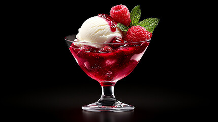 Photo of ice cream in an elegant glass bowl with a red and pink berry sauce on the bottom and white vanilla ice cream on top, topped with two large fresh raspberries and mint leaves
