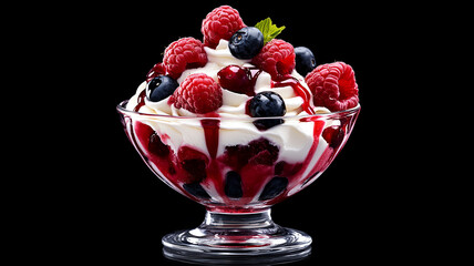 Photo of ice cream in an elegant glass bowl with a red and pink berry sauce on the bottom and white vanilla ice cream on top, topped with two large fresh raspberries and mint leaves
