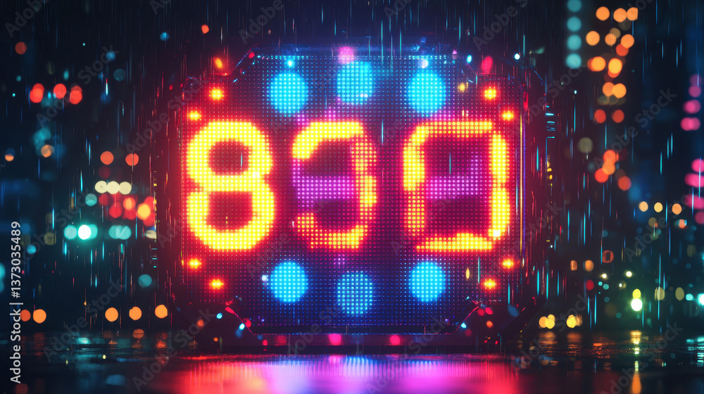 Aufkleber retro digital clock display with pixelated numbers in vibrant colors set against a dark background