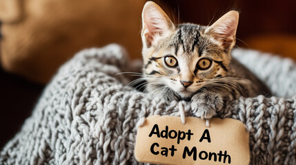 Text "Adopt A Cat Month", cute kitting lying on a knitted blanket, adorable cozy mood. Cute adorable pet, love for animals.