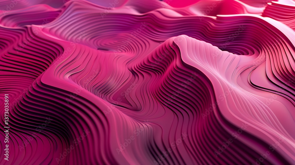 Poster abstract background featuring undulating wavy layers in vibrant shades of pink, creating a textured,