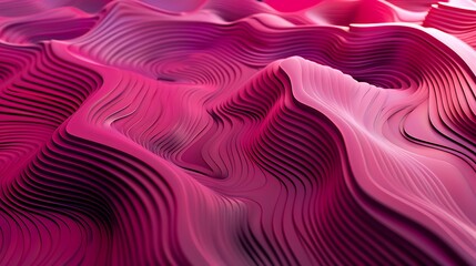 Fototapeta premium Abstract background featuring undulating wavy layers in vibrant shades of pink, creating a textured, topographic-like landscape pattern. Modern design.