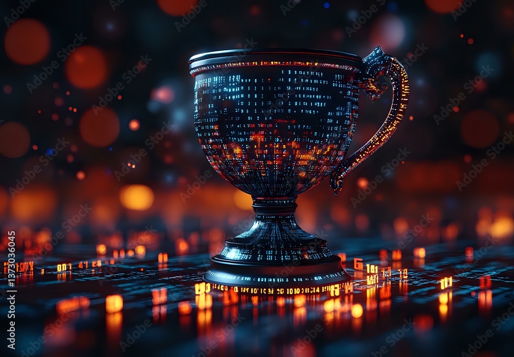 Poster glowing digital trophy cup with binary code pattern on dark background with bokeh lights and reflect