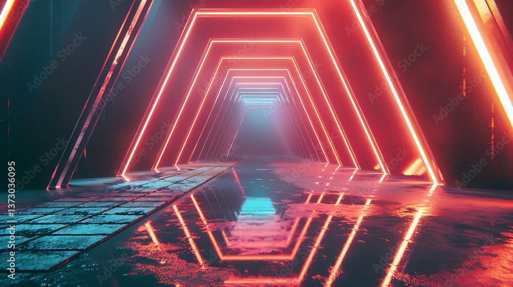 Poster Futuristic corridor perspective featuring repeating hexagonal neon red frames reflecting on a wet, textured floor. Abstract sci-fi tunnel background.


