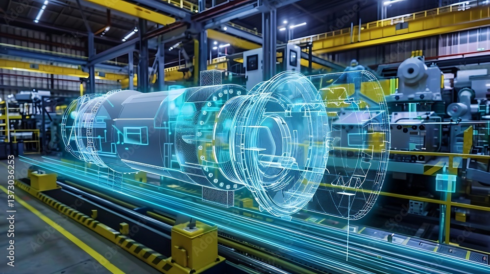Poster industrial factory setting featuring a large machine component overlaid with a glowing digital bluep