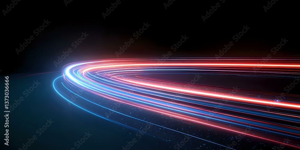 Poster glowing red and blue light trails curve along dark background creating dynamic motion effect, suitab