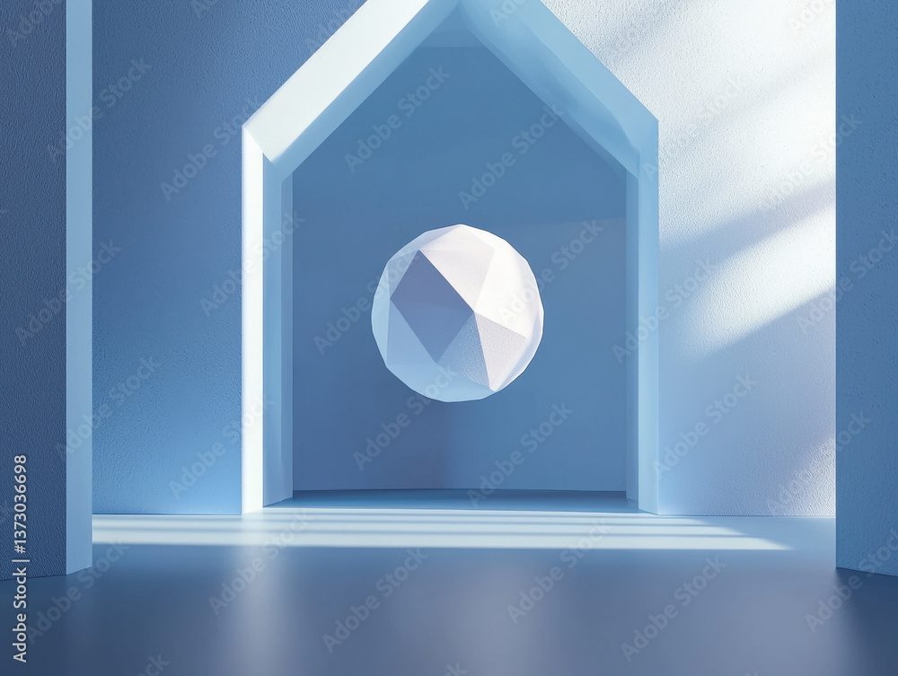 Poster floating geometric shape in a minimalist futuristic environment with soft lighting
