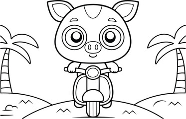 Cartoon Pig Riding Scooter on Beach with Palm Trees in Outline Style