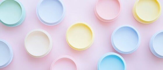 Pastel colored containers arranged on a surface