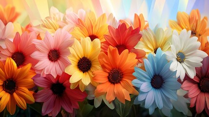 Fototapeta premium A cluster of vibrant blooms resting atop a lush foliage base, surrounded by a backdrop of blue, yellow, red, orange, pink, orange, and white
