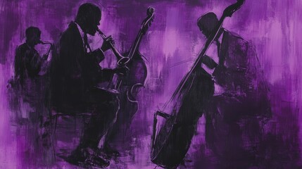 Silhouetted musicians play instruments in a smoky purple atmosphere.