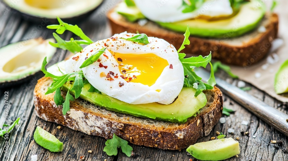 Poster a macro image of a slice of bread topped with an egg and sliced avocado on a rustic wooden table sur