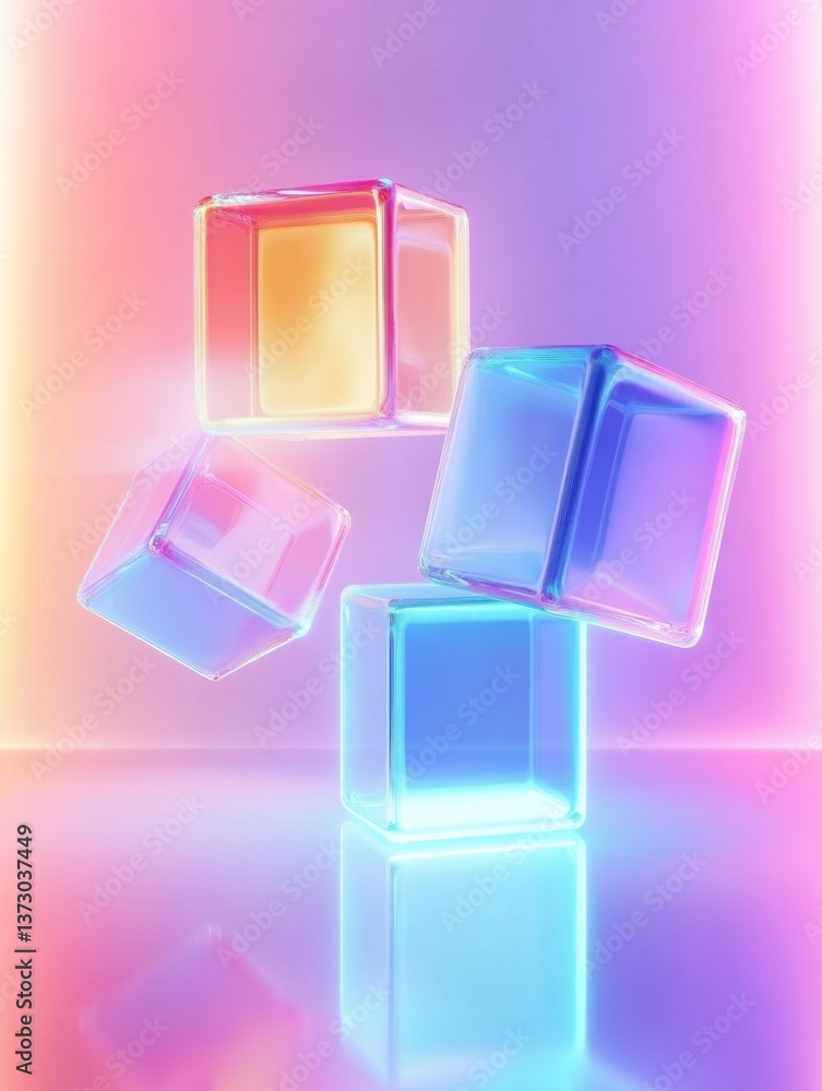 Poster Futuristic minimalistic design featuring floating colorful 3D cubes and soft reflections under neon gradients in a vibrant digital space
