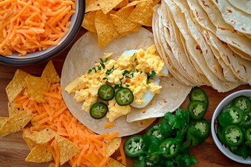 Colorful ingredients for breakfast tacos are meticulously arranged on a wooden surface. Scrambled eggs, cheese, and fresh toppings like jalapenos and cilantro await assembly
