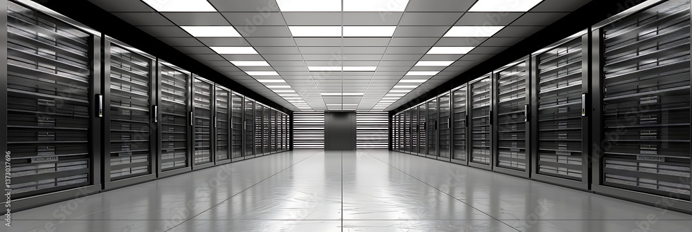 Poster symmetrical perspective view down a modern, sterile data center corridor lined with rows of black se