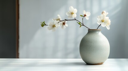 Minimalist ceramic vase with blooming twig and natural soft light on a clean table surface