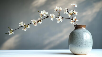 Single ceramic vase with a blossoming cherry branch in a minimalist horizontal composition with soft morning light