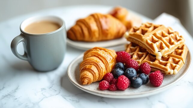 Cozy breakfast with croissant, waffles, fresh berries and coffee on a ceramic plate in a modern café setting