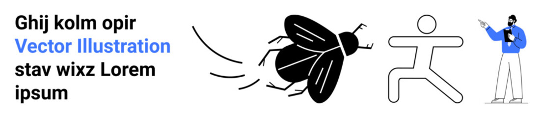 Minimalist human figure and flying insect with an observing figure holding a notepad. Ideal for biology, observation, research, teamwork, experimentation, nature study, simple landing page
