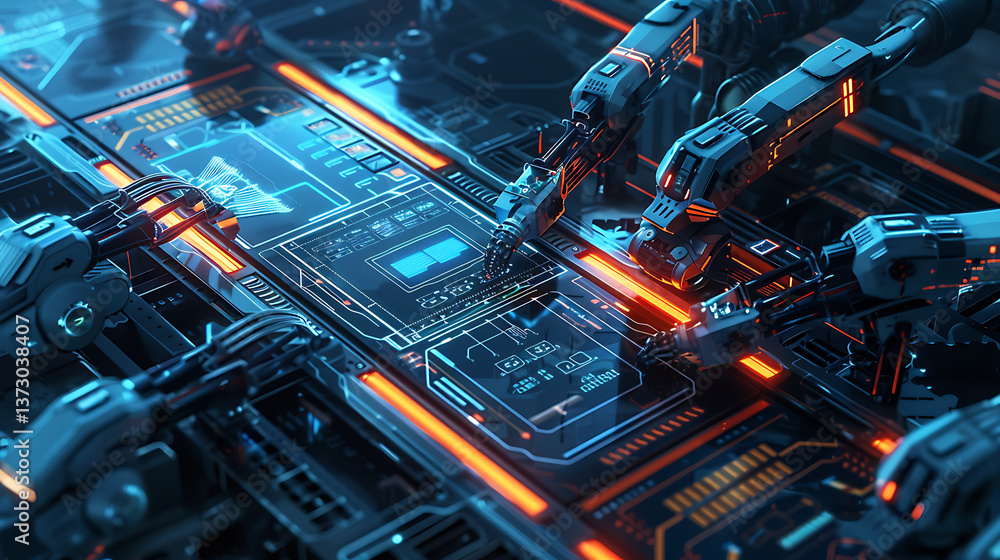 Poster futuristic scene showing multiple robotic arms precisely assembling or inspecting a glowing microchi