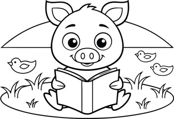Cartoon Pig Reading Book with Birds, Outlined Art on Transparent Background