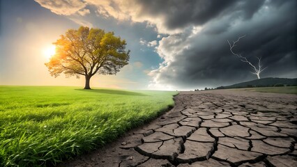 Climate change drought vs green landscape nature environment contrast concept