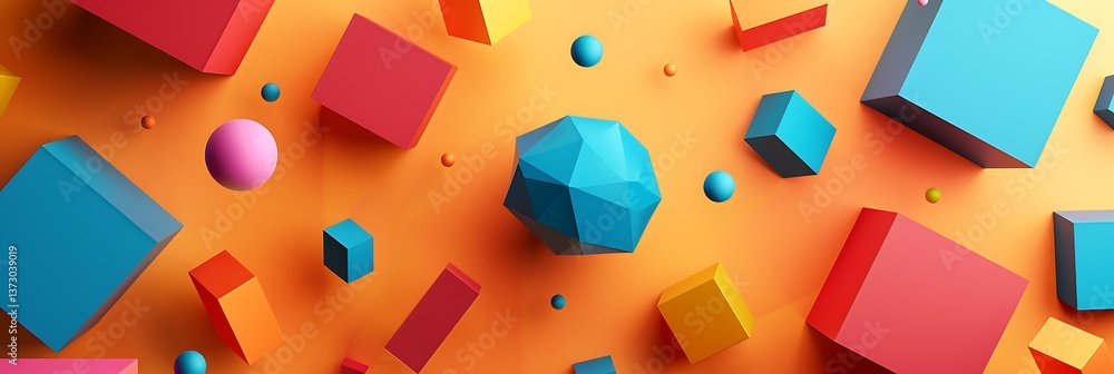 Poster abstract composition of colorful 3d geometric shapes like cubes, spheres, and polyhedra randomly sca