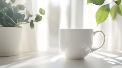 White cup placed on a table, illuminated by soft natural light filtering through nearby windows