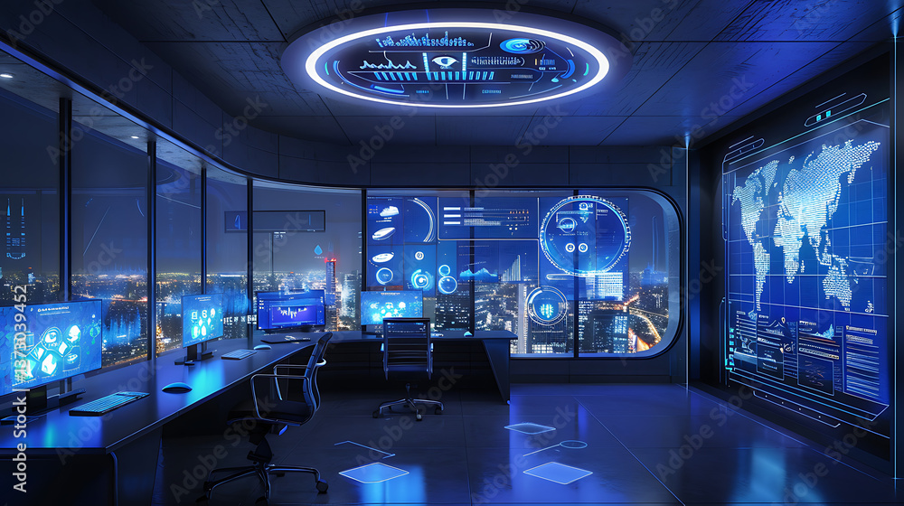 Poster futuristic command center or control room interior with multiple monitors displaying holographic dat