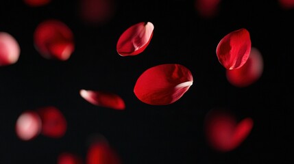   Red petals float in black air; one flower stands out in the foreground