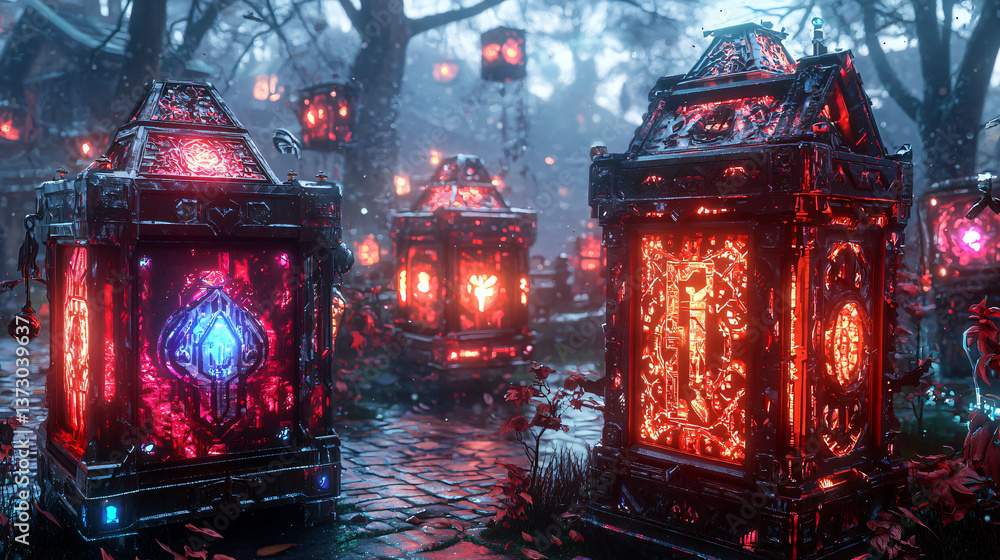 Poster cluster of lanterns illuminating a forest pathway with soft ambient glow creating a magical atmosphe