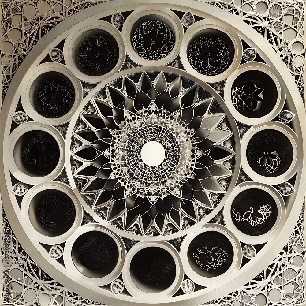 Poster intricate monochrome paper art showcasing a detailed, layered circular design with symmetrical patte