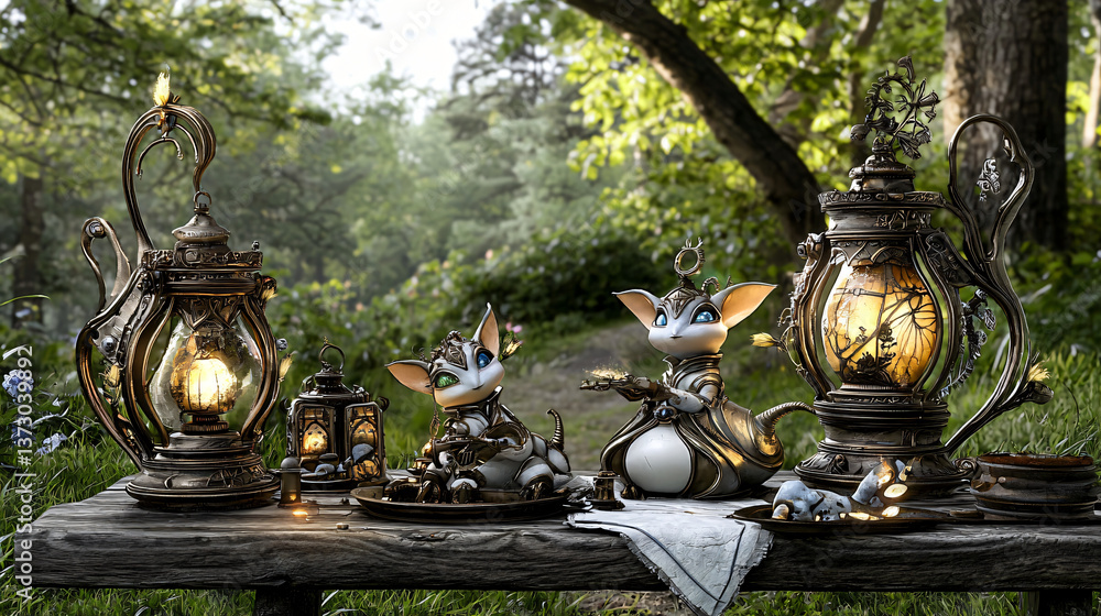 Poster cozy table setting featuring a lamp and teapots bathed in soft ambient glow creating an enchanted at