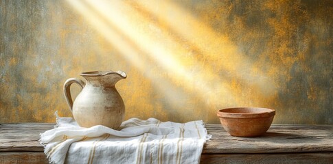 A calm watercolor illustration of Jesus' basin, pitcher, and towel, with a warm background, inspiring a sense of humility and reverence on Maundy Thursday