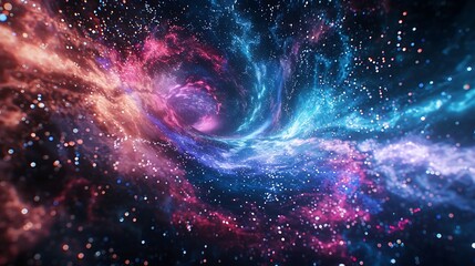 Vibrant cosmic scene depicting a swirling nebula or galaxy in deep space, featuring pink, blue, and orange clouds dotted with bright stars.

