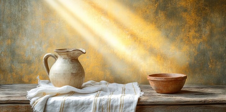 A calm watercolor illustration of Jesus' basin, pitcher, and towel, with a warm background, inspiring a sense of humility and reverence on Maundy Thursday