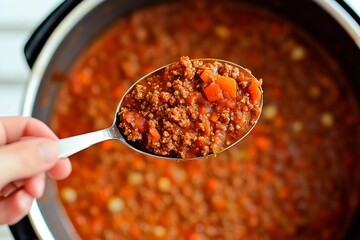 A hand holds a silver spoon filled with hearty chili, showcasing ground meat, diced carrots, and other vegetables. The rich mixture simmers in a pot, ready to be enjoyed