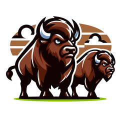 Fototapeta premium EPS10形式のベクターグラフィックで描かれたバイソンの漫画風ロゴ、エンブレムまたはステッカーで、楽しくて親しみやすい、記憶に残る野生動物のデザインのブランディングに最適です。