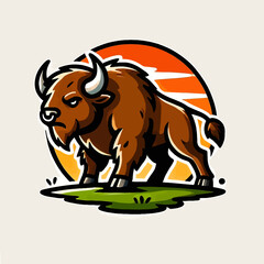 A cartoon bison logo as an emblem or sticker, crafted in EPS10 vector graphics format, perfect for branding with a fun, friendly, and memorable wild animal design. © drawscontent