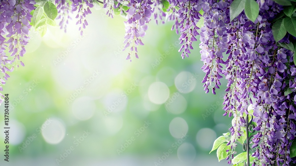 Poster a close-up of a cluster of purple flowers dangling from a tree, bathed in golden sunlight filtering 