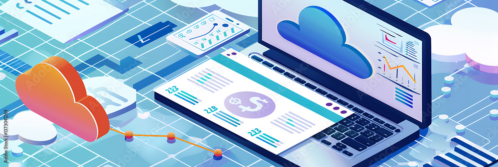 Poster isometric concept of cloud computing technology for finance. laptop displays financial data connecte
