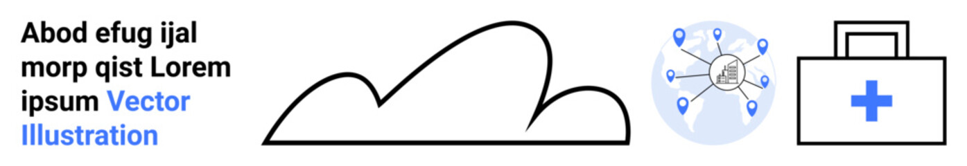 Cloud outline symbol, network with connected nodes and medical kit icon with cross inside. Ideal for technology, healthcare, cloud storage, data sharing, online services, innovation, simple landing